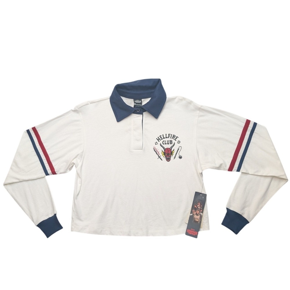 NWT No Boundaries Stranger Things Hellfire Club Shirt Womens XXS White Cropped